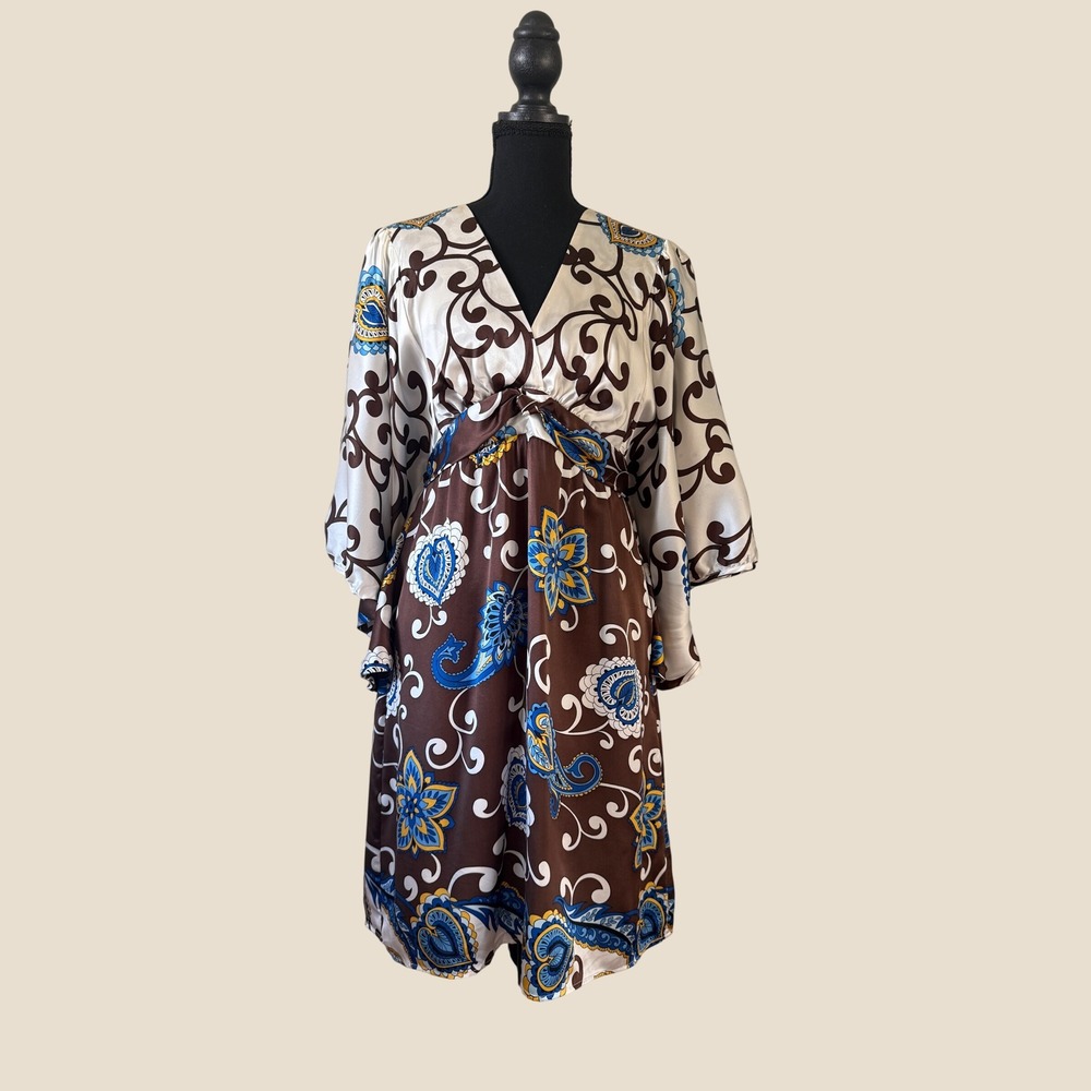 Voom by Joy Han Y2K Babydoll Paisley Kimono Sleeve Silk Mini Dress Size L Fairy